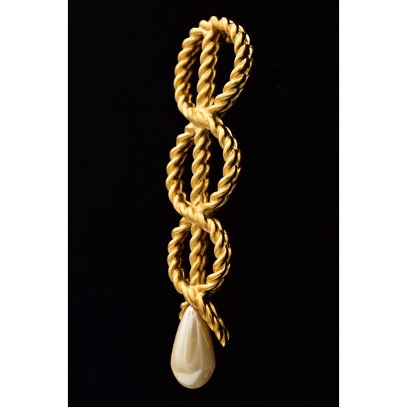 Givenchy Vintage Big Rope Pin Brooch Matte Brushed Gold Pearl Chunky Signed BinJ - Picture 3 of 12